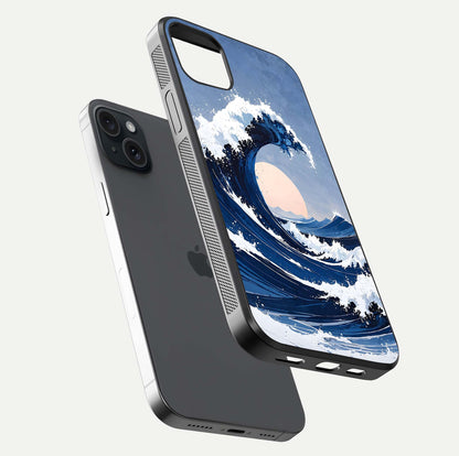 Rising Tide Power Glass Case for iPhone 15 Plus floating dual-view mockup displaying gloss texture and flow pattern
