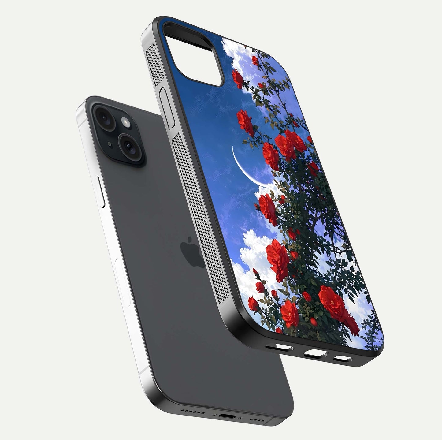 Rose Drift Flowers Glass Case for iPhone 15 Plus floating dual-view mockup showing gloss shine and floral tone