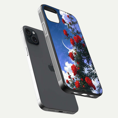 Rose Drift Flowers Glass Case for iPhone 15 Plus floating dual-view mockup showing gloss shine and floral tone
