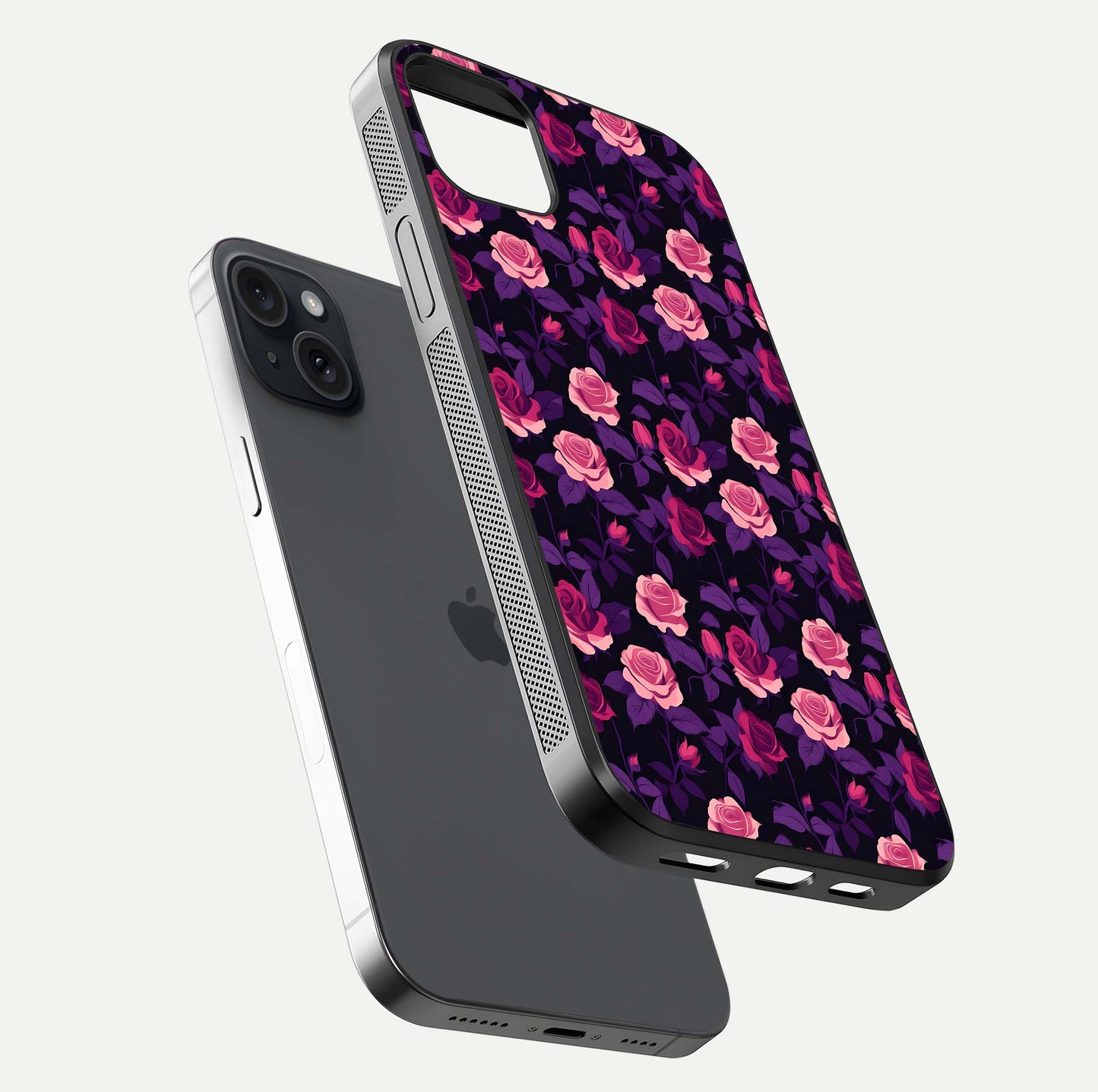 Rose Garden Twilight Glass Case for iPhone 15 Plus floating dual-view mockup displaying gloss surface and depth