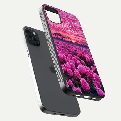 Rose Sunset Valley Glass Case for iPhone 15 Plus floating dual-view mockup showing gloss reflection and art depth