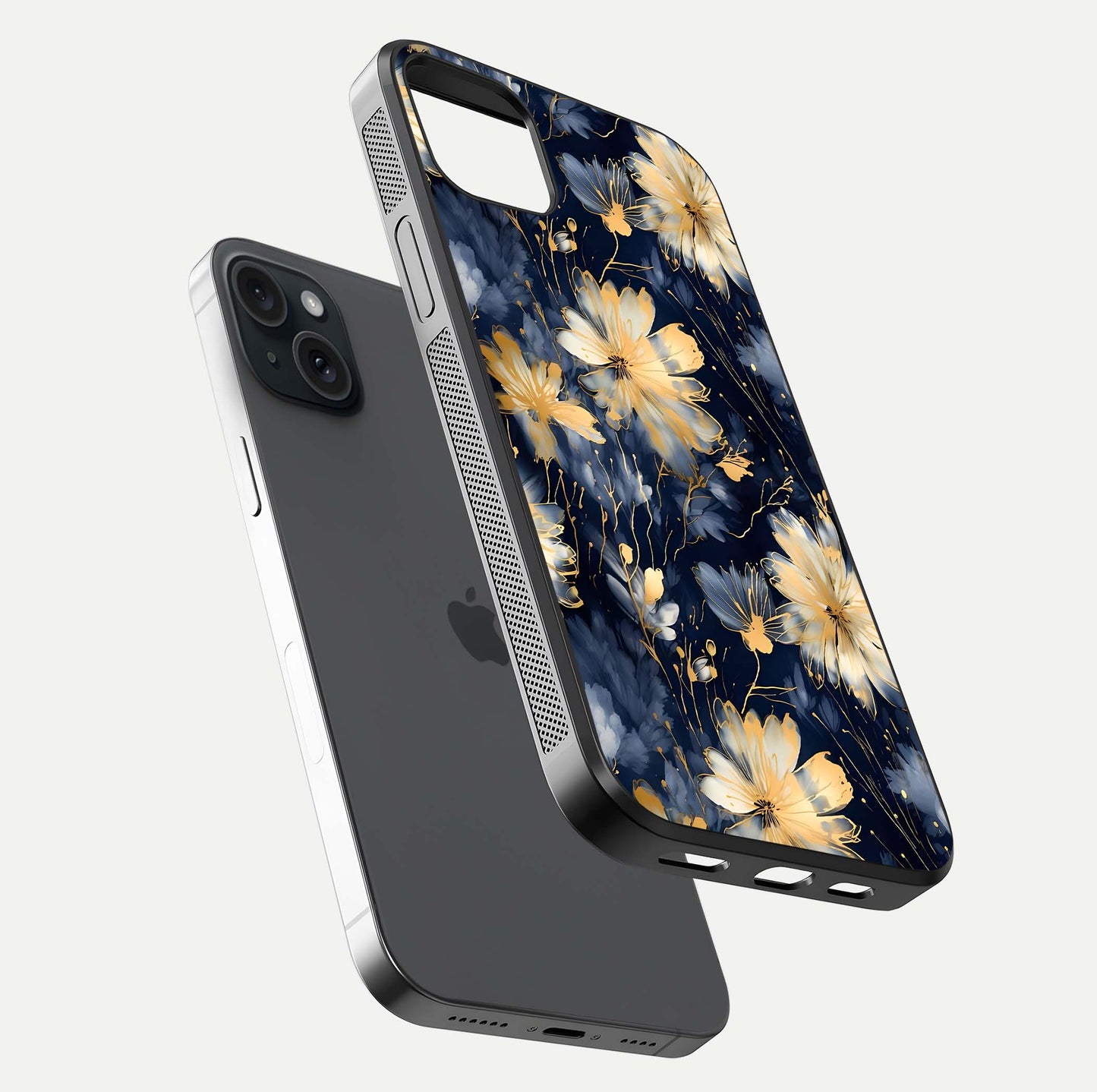 Royal Petal Dream Glass Case for iPhone 15 Plus floating dual-view mockup displaying gloss reflection and tone contrast