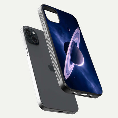 Saturn Ring Mystique Glass Case for iPhone 15 Plus floating dual-view mockup showing gloss finish and star detail
