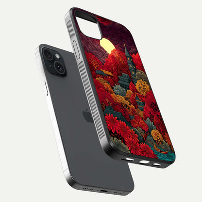 Scarlet Autumn Temple Glass Case for iPhone 15 Plus floating dual-view mockup displaying gloss shine and autumn tones