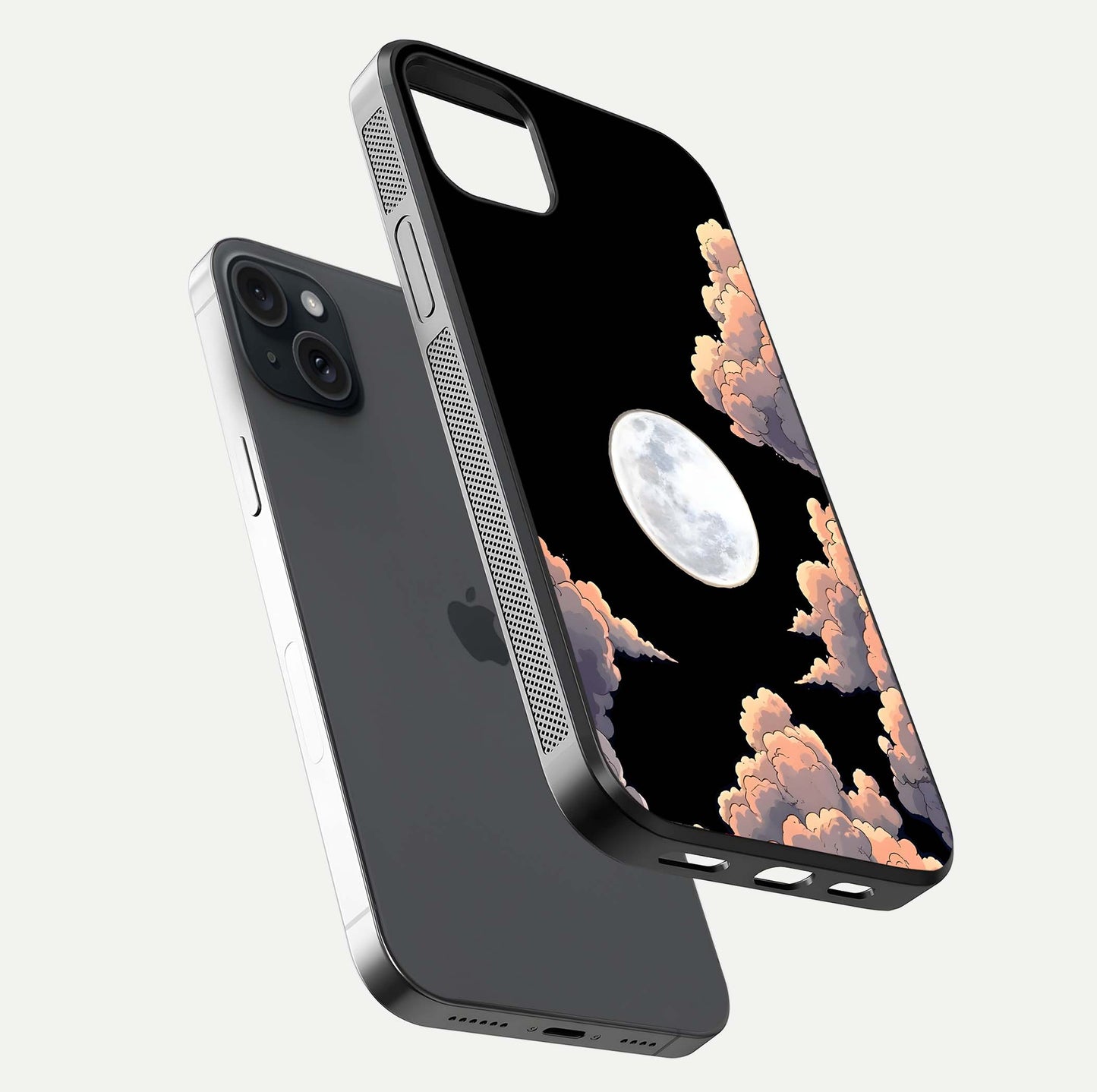 Shade Cloud Moon Glass Case for iPhone 15 Plus floating dual-view mockup showing gloss and celestial texture