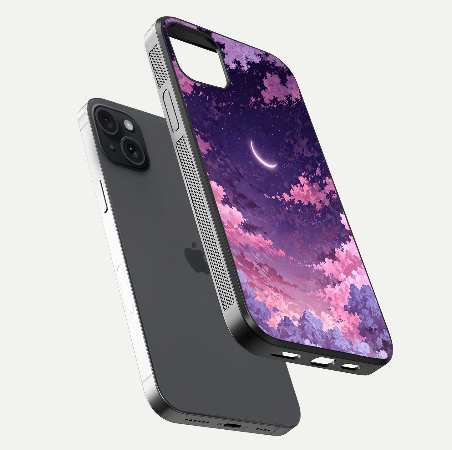 Sky Drift Clouds Glass Case for iPhone 15 Plus floating dual-view mockup displaying gloss shine and depth