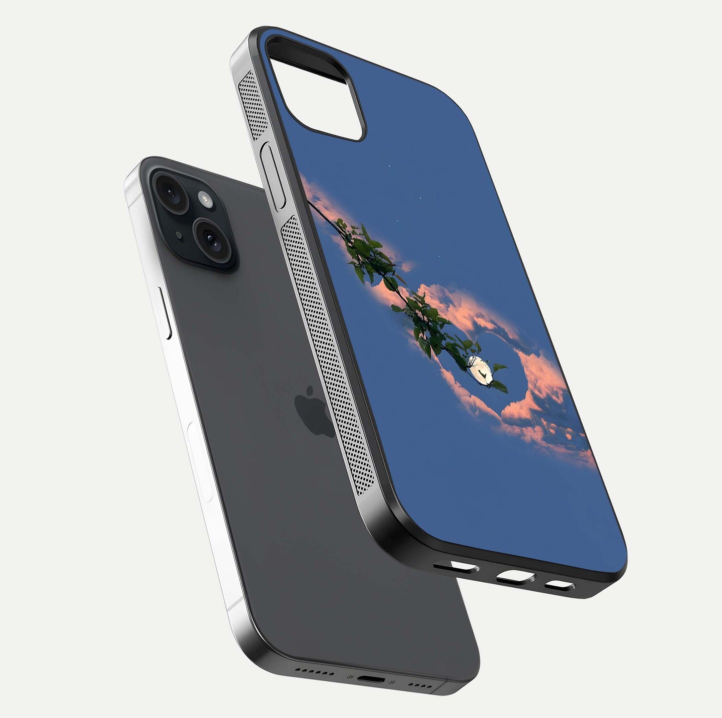 Sky Under Tree Glass Case for iPhone 15 Plus floating dual-view mockup displaying gloss reflection and landscape tone