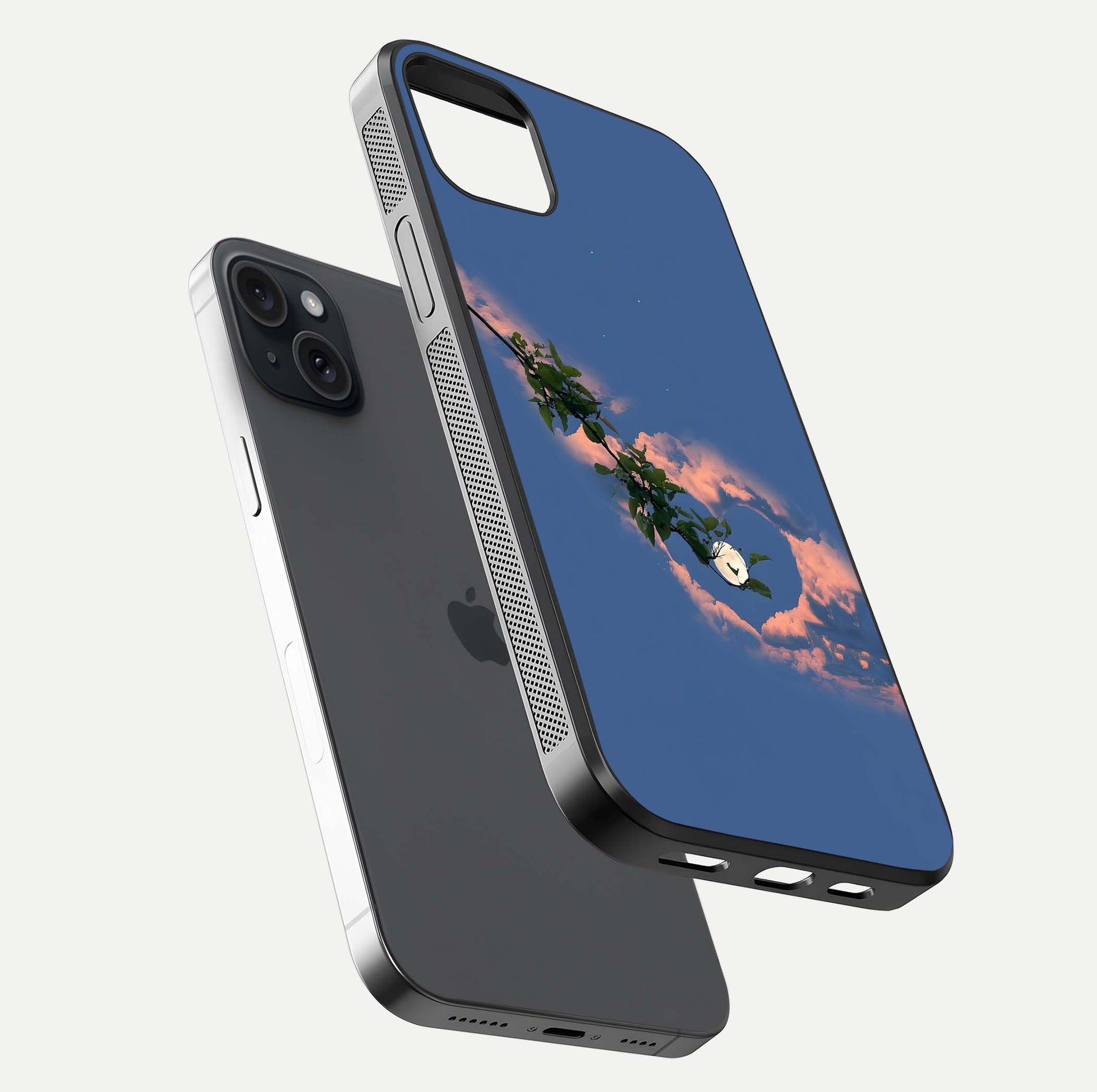 Sky Under Tree Glass Case for iPhone 15 Plus floating dual-view mockup displaying gloss reflection and landscape tone