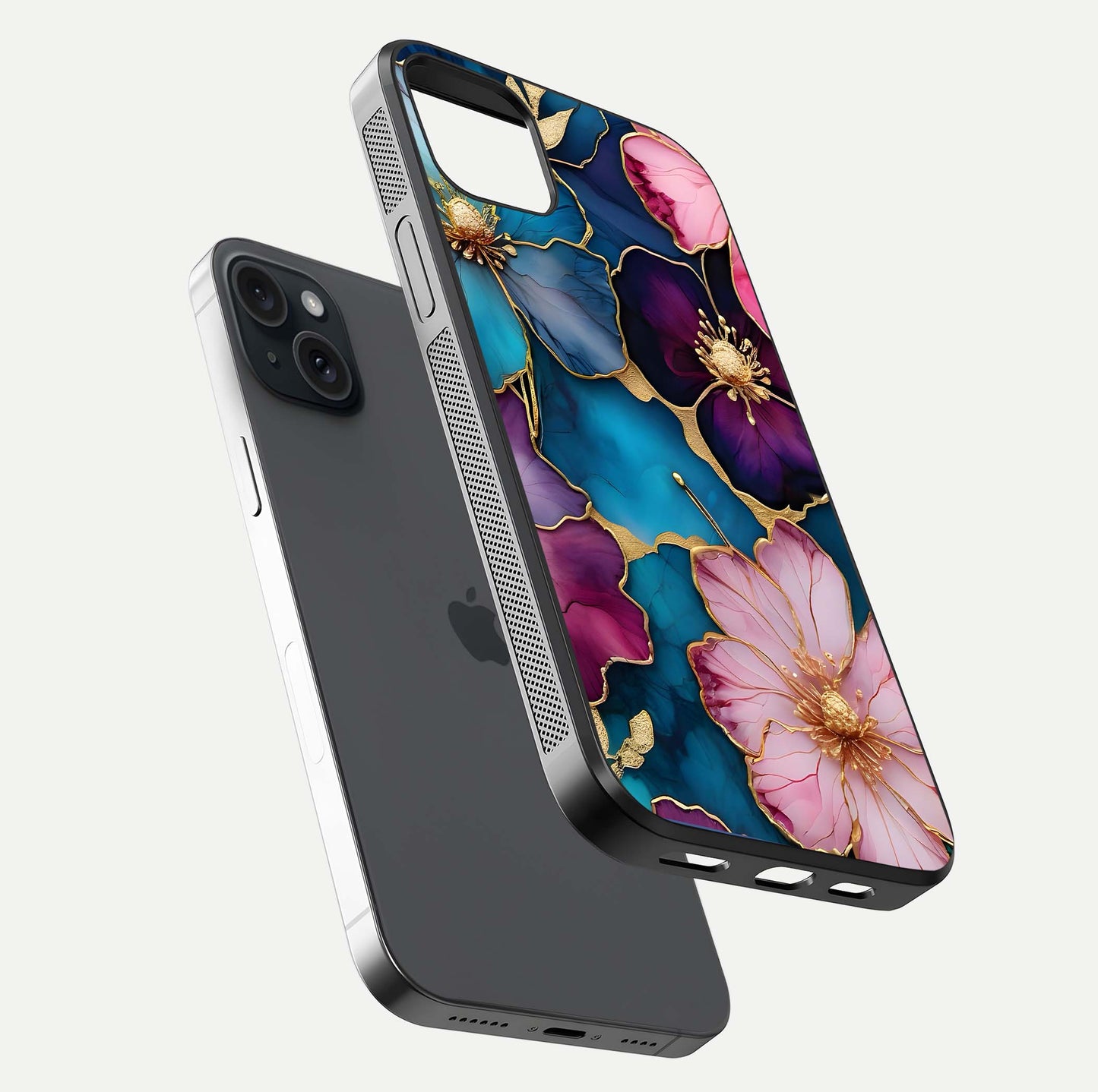 Sparkle Floral Glass Case for iPhone 15 Plus floating dual-view mockup displaying gloss surface and sparkle effect