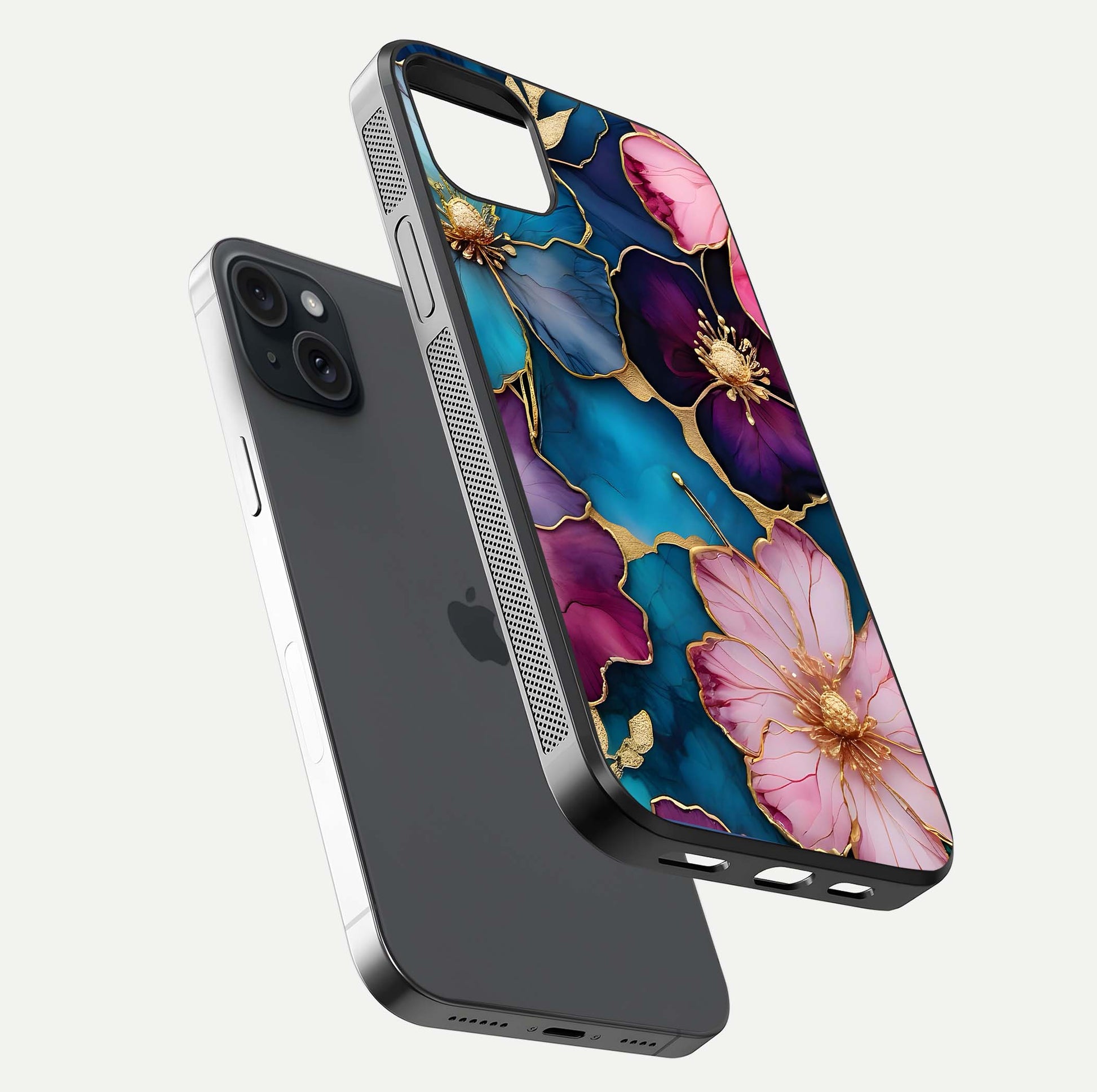 Sparkle Floral Glass Case for iPhone 15 Plus floating dual-view mockup displaying gloss surface and sparkle effect