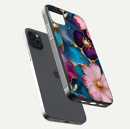 Sparkle Floral Glass Case for iPhone 15 Plus floating dual-view mockup displaying gloss surface and sparkle effect