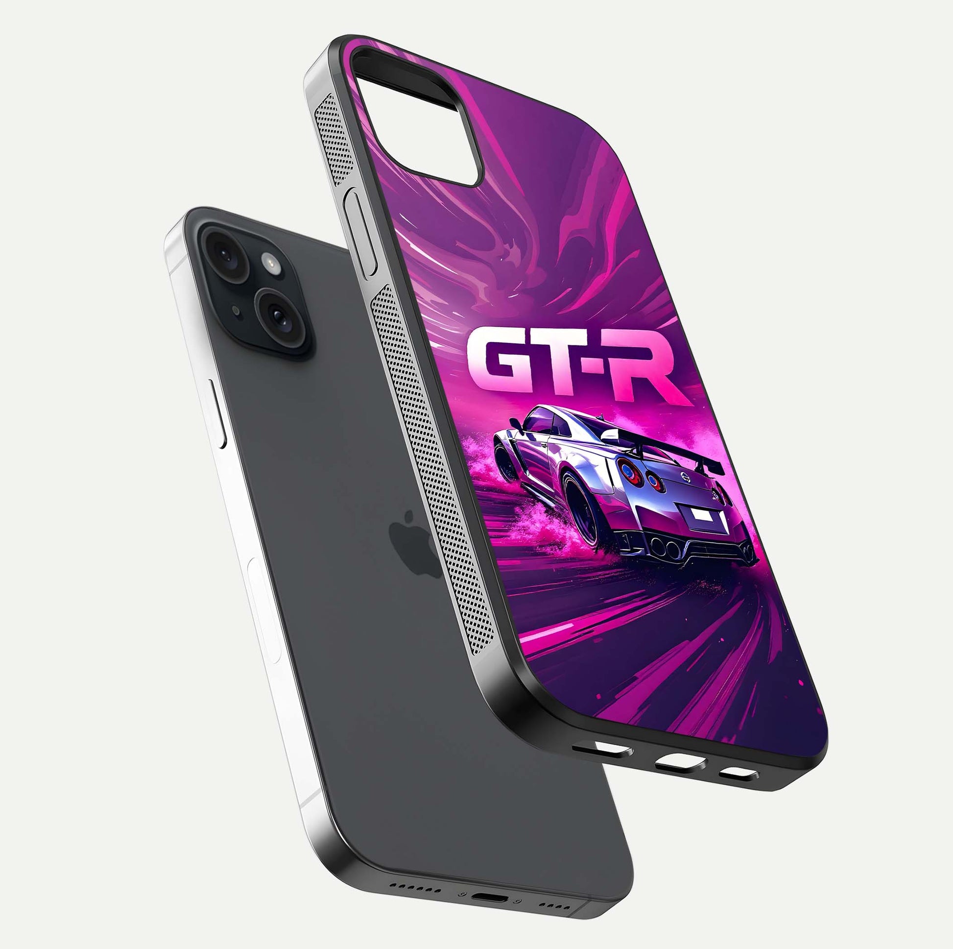 Speed Drift Legend Glass Case for iPhone 15 Plus floating dual-view mockup displaying gloss shine and motion effect