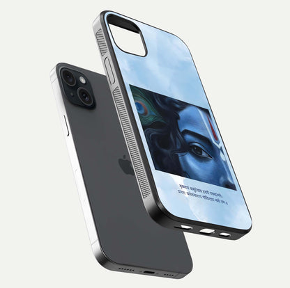 Spiritual Krishna Glass Case for iPhone 15 Plus floating dual-view mockup displaying gloss shine and divine detail
