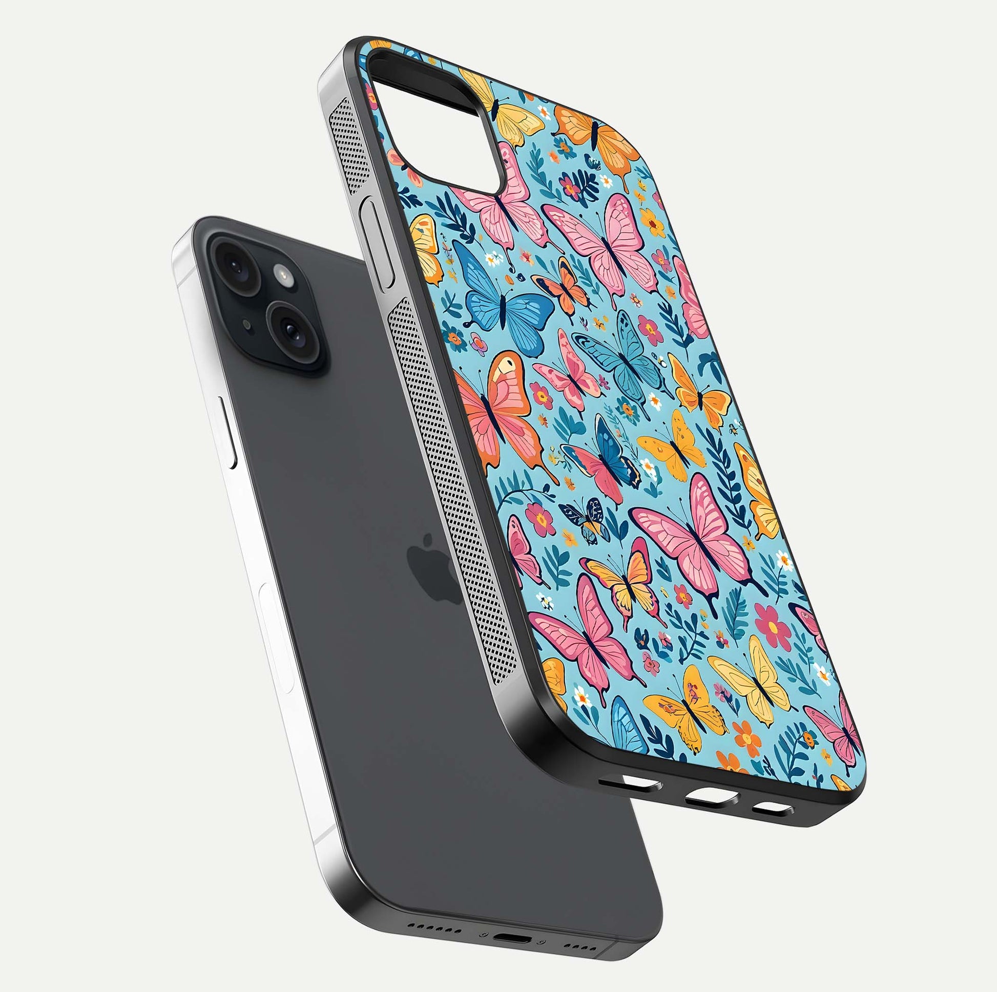 Spring Wing Garden Glass Case for iPhone 15 Plus floating dual-view mockup showing gloss texture and vivid print