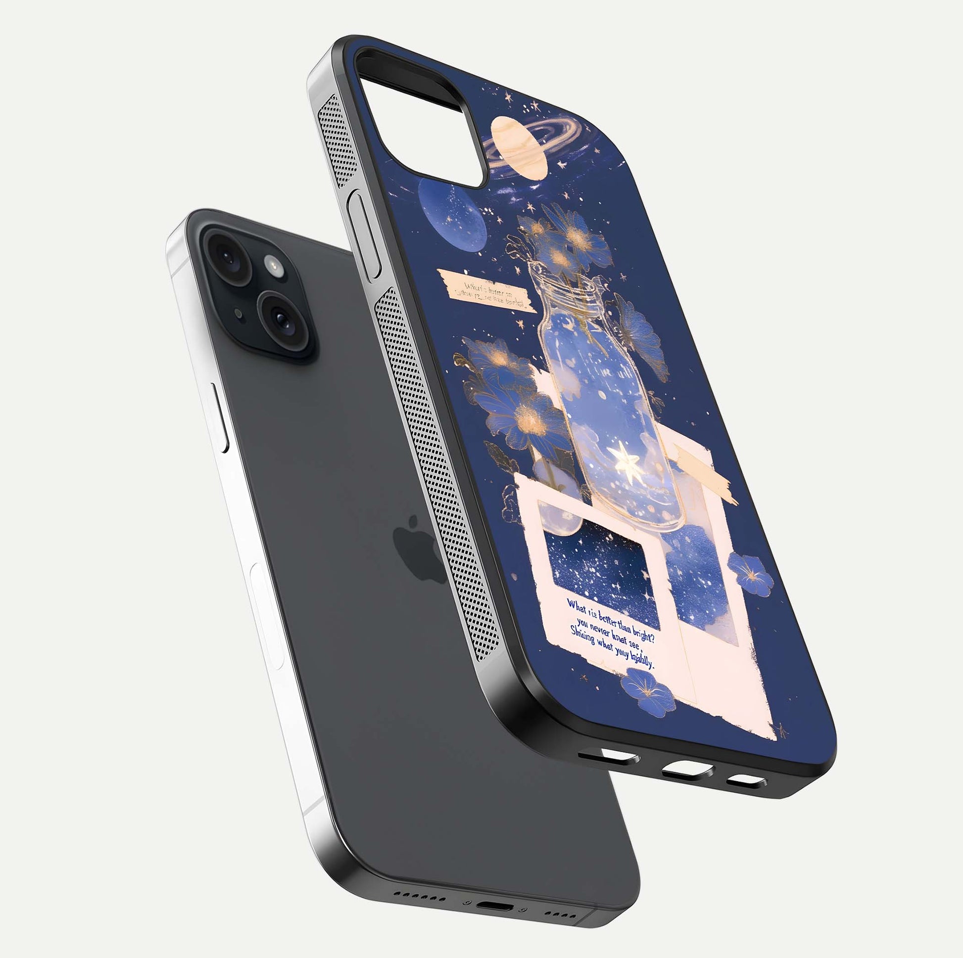 Starlit Cosmic Jar Glass Case for iPhone 15 Plus floating dual-view mockup displaying gloss and starry depth