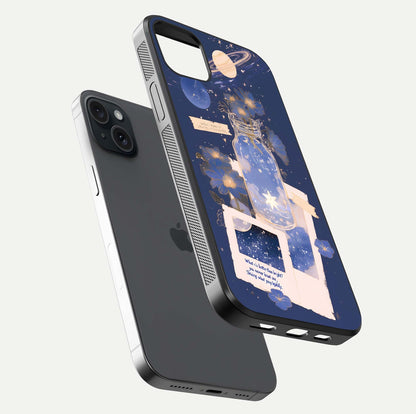 Starlit Cosmic Jar Glass Case for iPhone 15 Plus floating dual-view mockup displaying gloss and starry depth