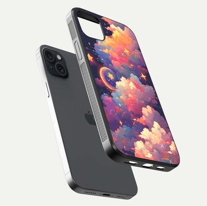 Starlit Dream Clouds Glass Case for iPhone 15 Plus floating dual-view mockup displaying gloss and soft light detail
