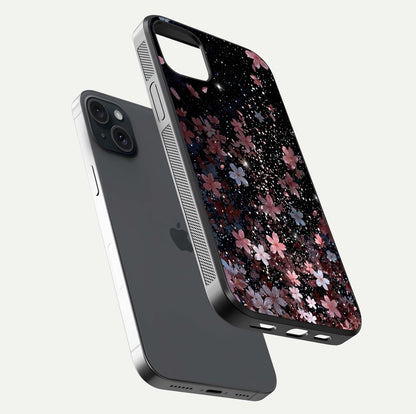 Starlit Flower Dreams Glass Case for iPhone 15 Plus floating dual-view mockup displaying gloss and print clarity