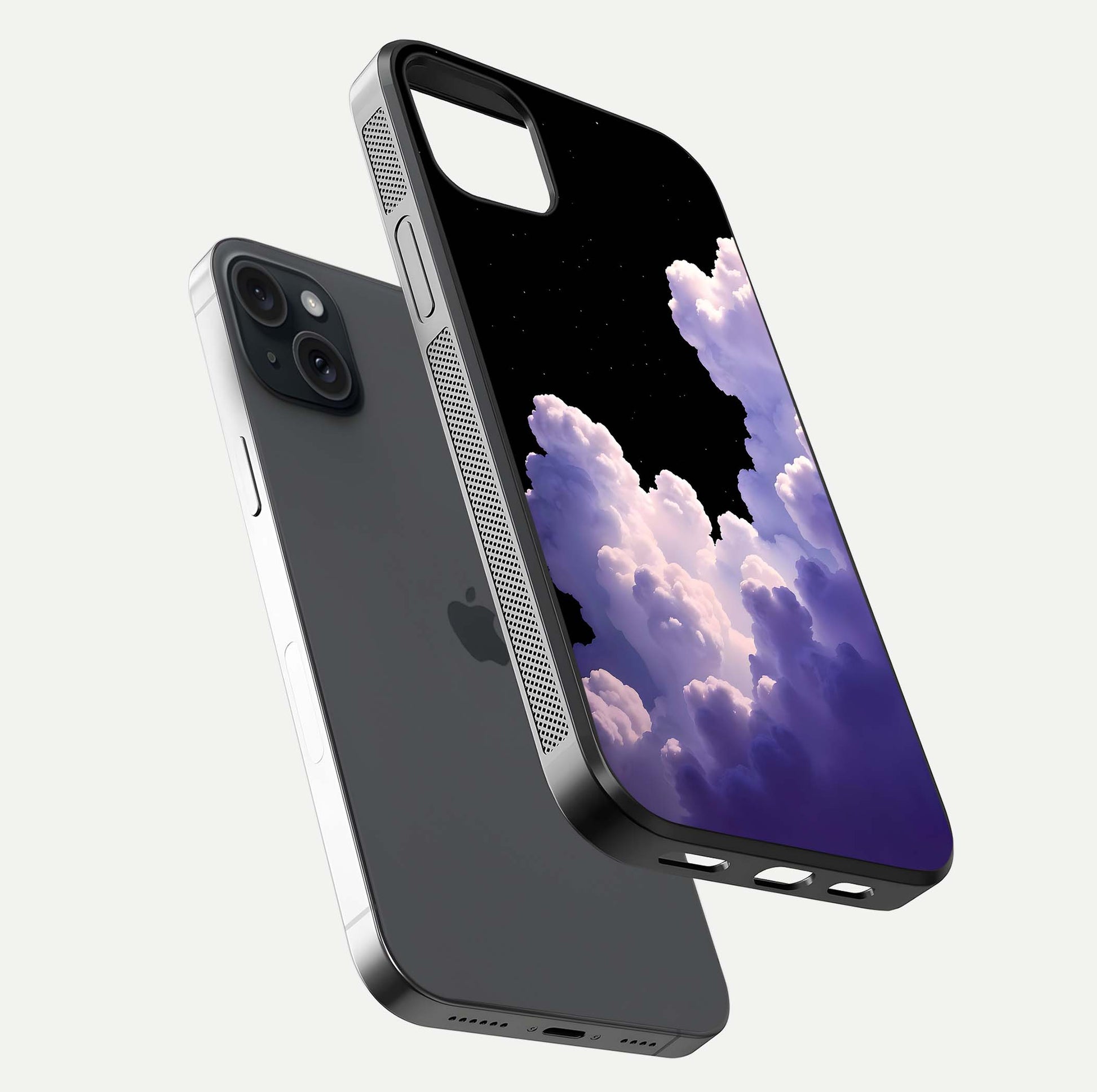 Starlit Night Whispers Glass Case for iPhone 15 Plus floating dual-view mockup displaying gloss surface and depth