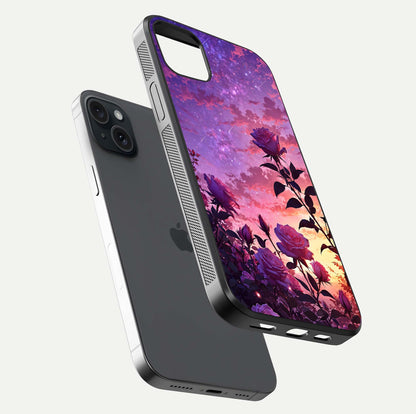 Starlit Rose Twilight Glass Case for iPhone 15 Plus floating dual-view mockup displaying gloss shine and depth