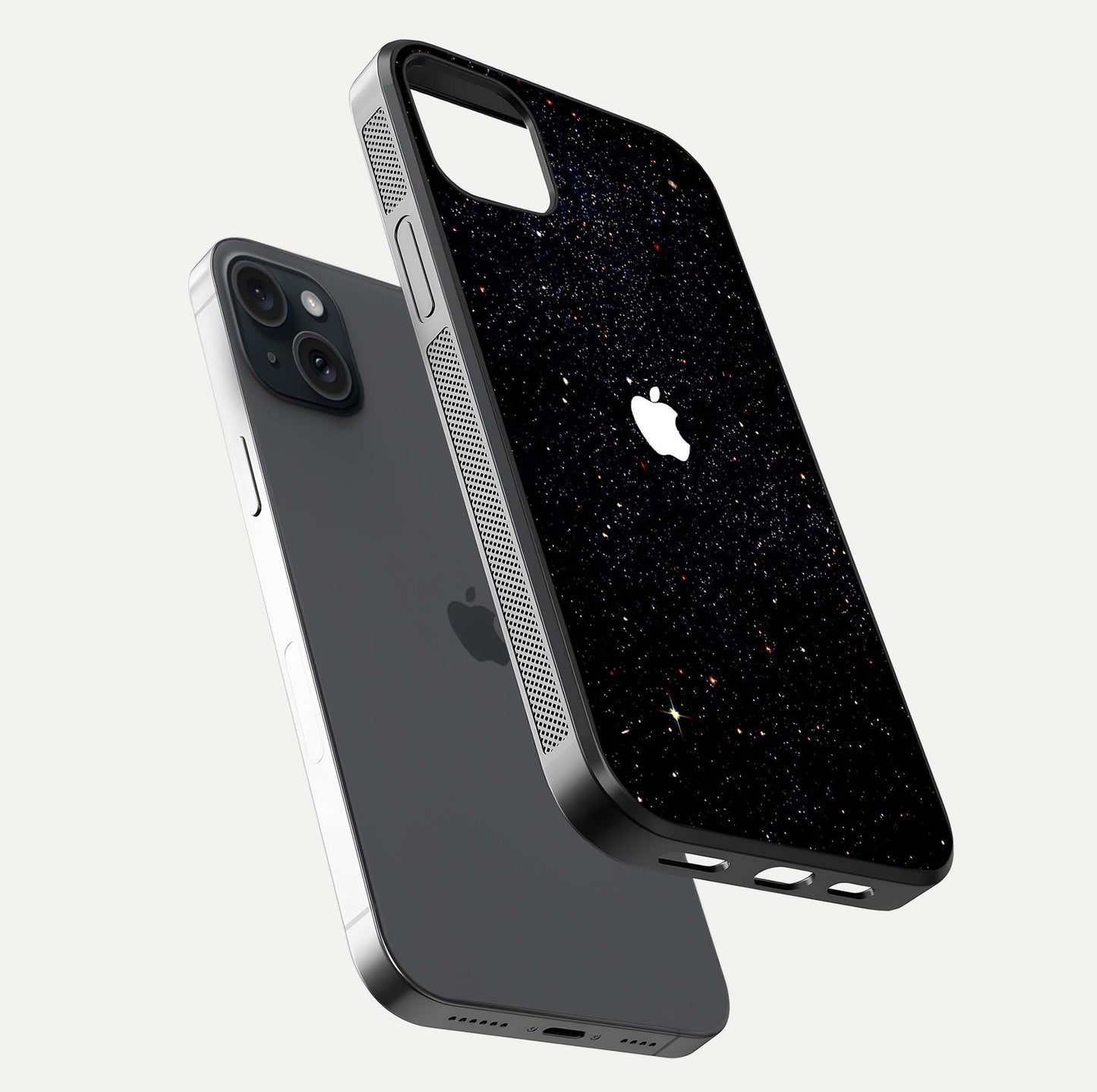 Starry Apple Galaxy Glass Case for iPhone 15 Plus floating dual-view mockup displaying reflection and shine