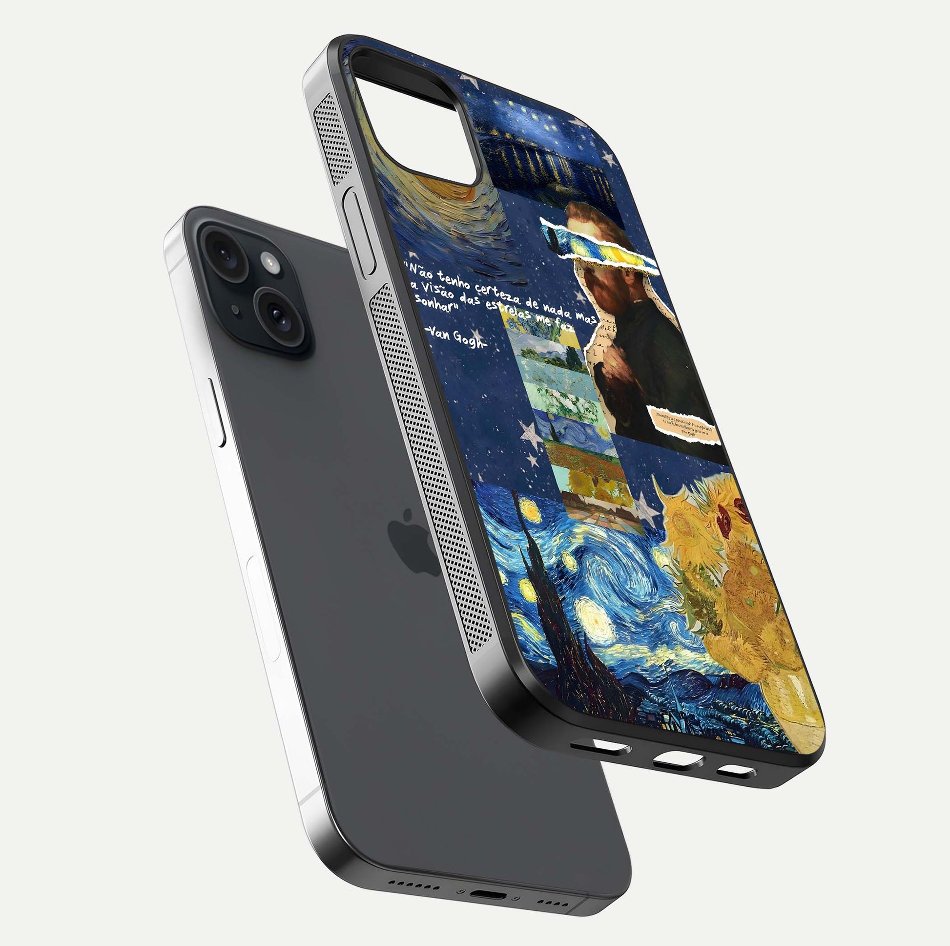 Starry Dream Vision Glass Case for iPhone 15 Plus floating dual-view mockup displaying gloss surface and clarity