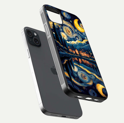 Starry Sky Serenity Glass Case for iPhone 15 Plus floating dual-view mockup displaying gloss texture and shine