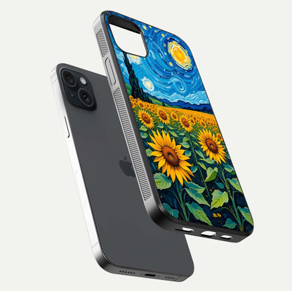 Starry Sunflower Dreams Glass Case for iPhone 15 Plus floating dual-view mockup displaying gloss and vivid print