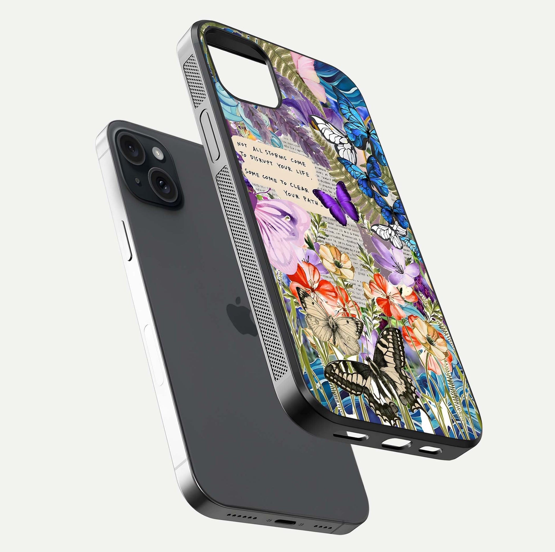Storm Path Bloom Glass Case for iPhone 15 Plus floating dual-view mockup displaying gloss and pattern depth