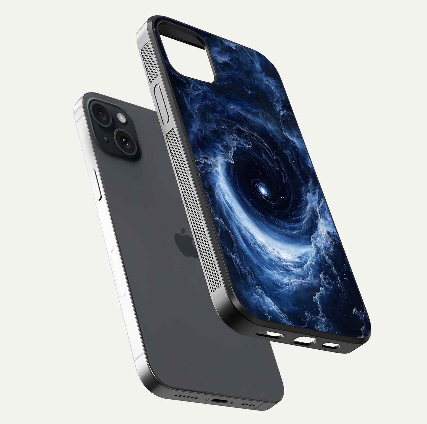 Stunning Galaxy Glass Case for iPhone 15 Plus floating dual-view mockup displaying gloss shine and vivid print depth