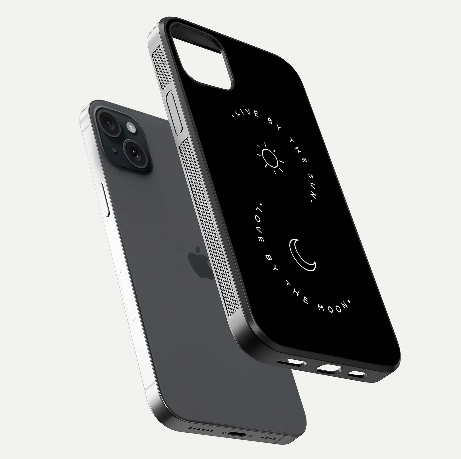 Sun Moon Balance Glass Case for iPhone 15 Plus floating dual-view mockup displaying gloss surface and edge clarity