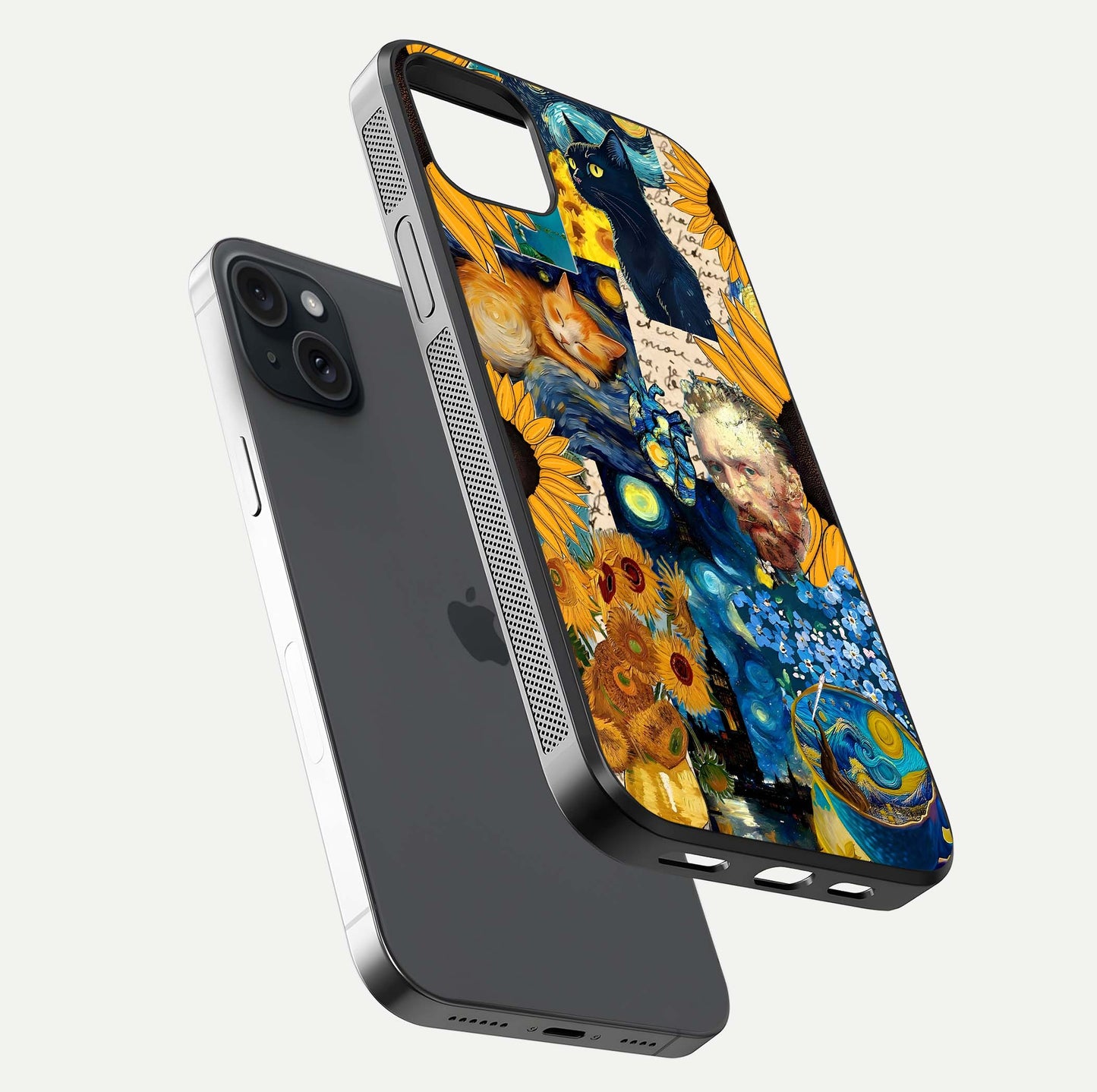 Sunflower Cat Art Glass Case for iPhone 15 Plus floating dual-view mockup displaying gloss shine and HD art print