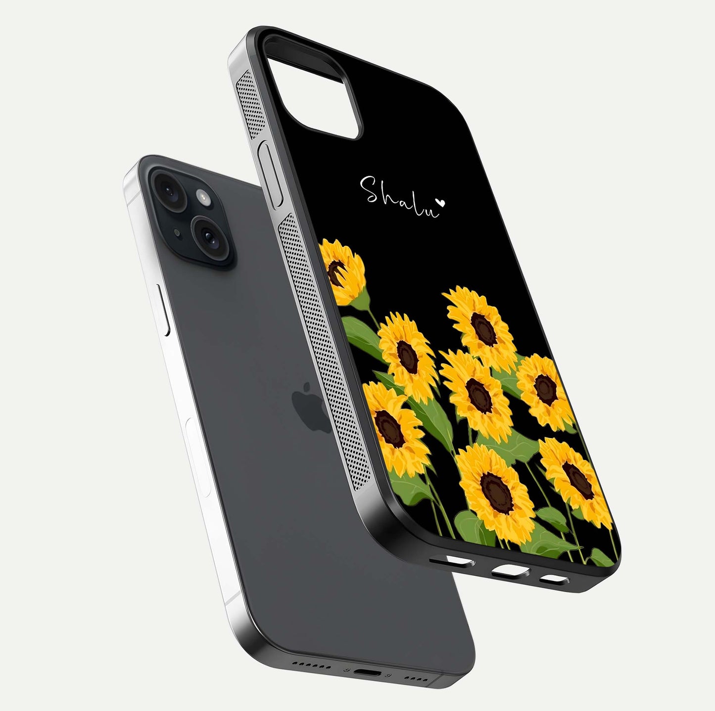 Sunflower Chic Mood Custom Name Glass Case for iPhone 15 Plus floating dual-view mockup displaying gloss texture and detail