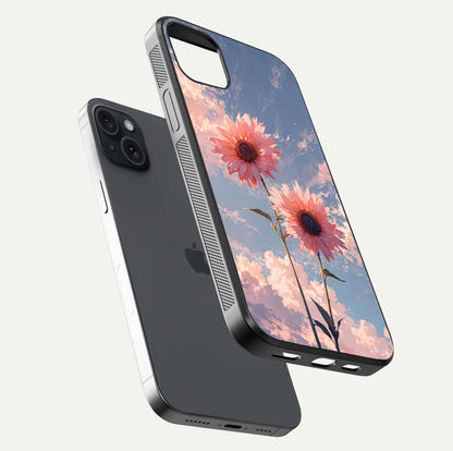 Sunlit Daisy Glow Glass Case for iPhone 15 Plus floating dual-view mockup displaying gloss finish and HD print