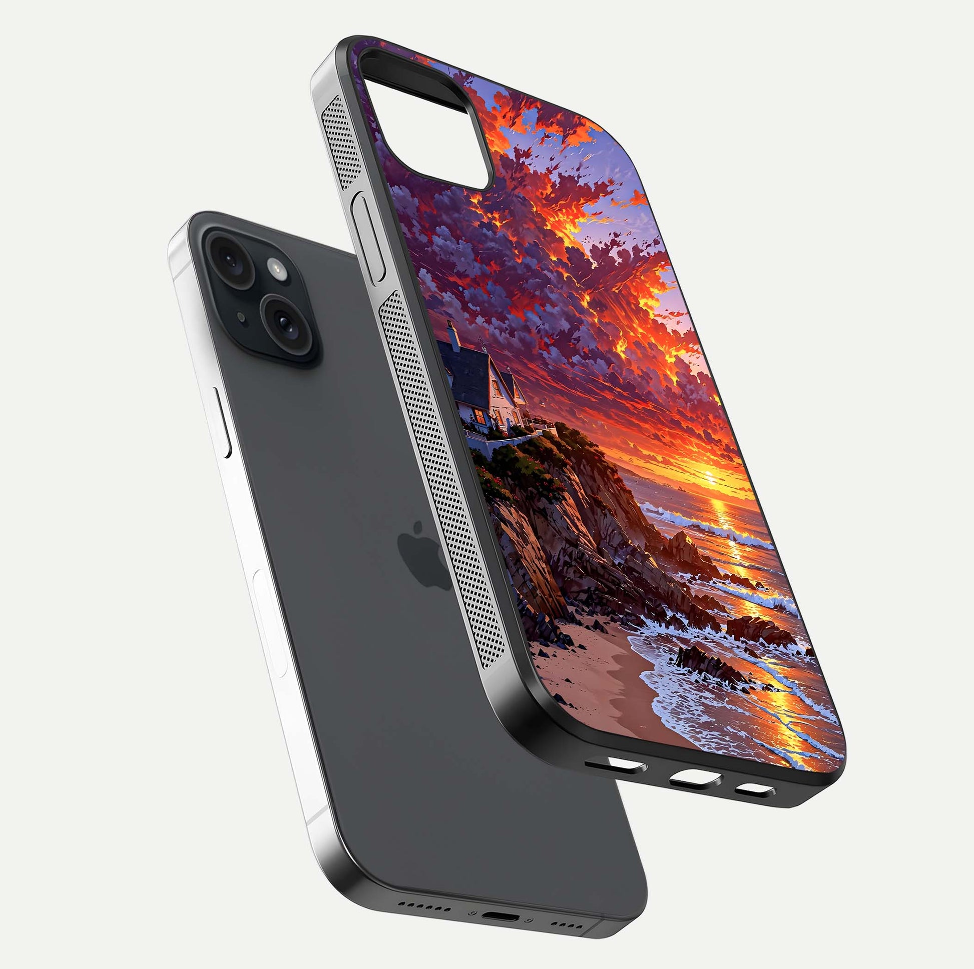 Sunset House by Sea Glass Case for iPhone 15 Plus floating dual-view mockup displaying gloss shine and depth