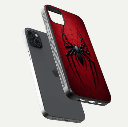 Venom Web Emblem Glass Case for iPhone 15 Plus floating dual-view mockup displaying gloss shine and HD print