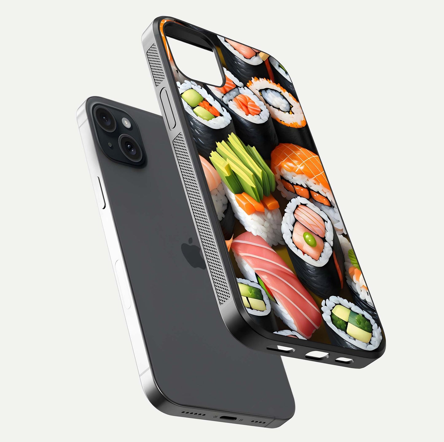 Sushi Food Pattern Glass Case for iPhone 15 Plus floating dual-view mockup displaying gloss and HD pattern