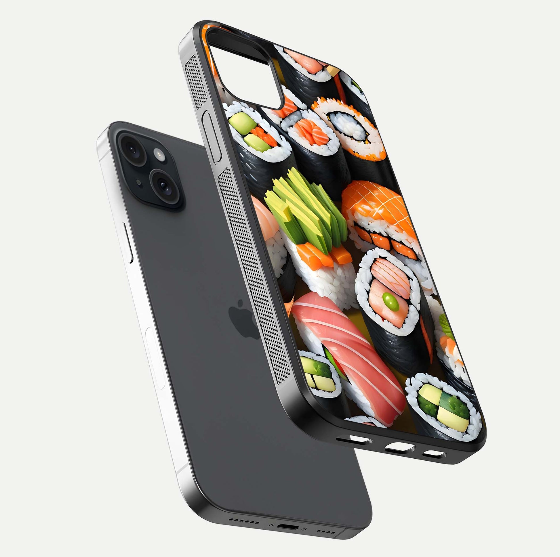 Sushi Food Pattern Glass Case for iPhone 15 Plus floating dual-view mockup displaying gloss and HD pattern