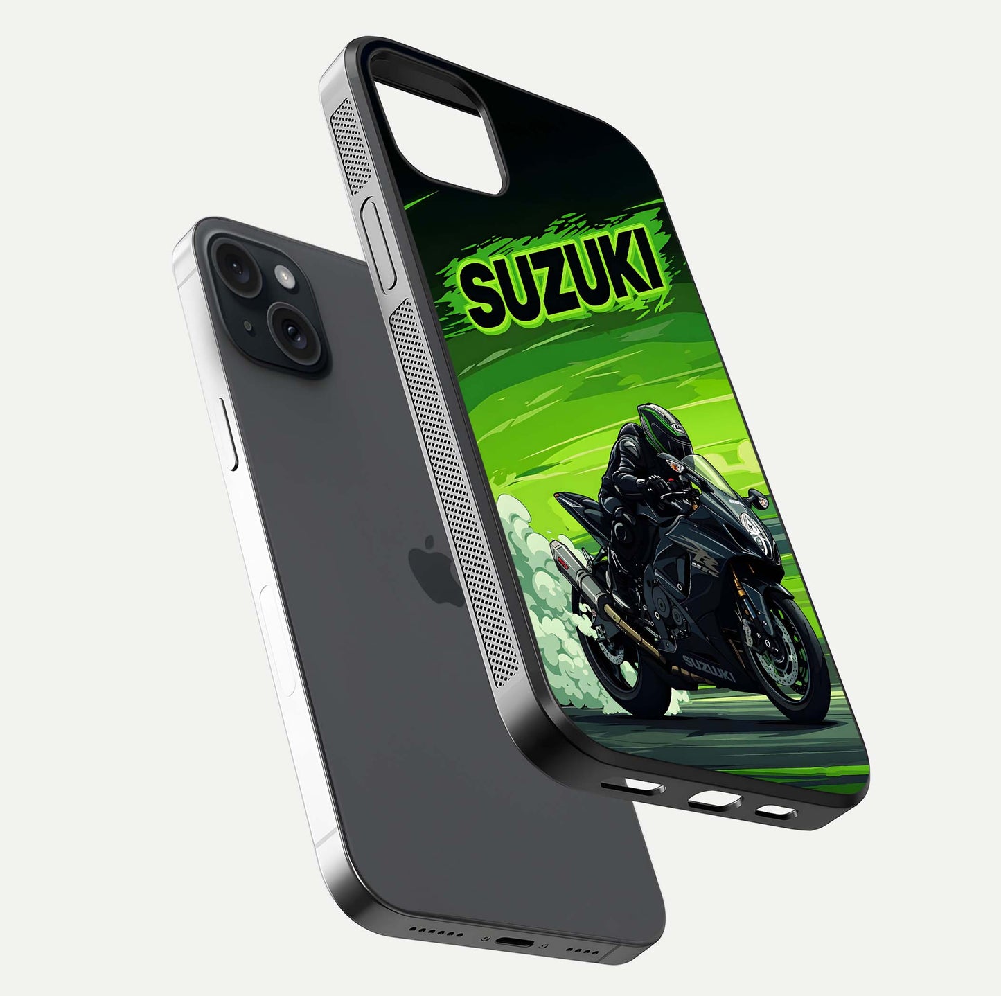 Suzuki Speed Beast Glass Case for iPhone 15 Plus floating dual-view mockup displaying gloss texture and shine