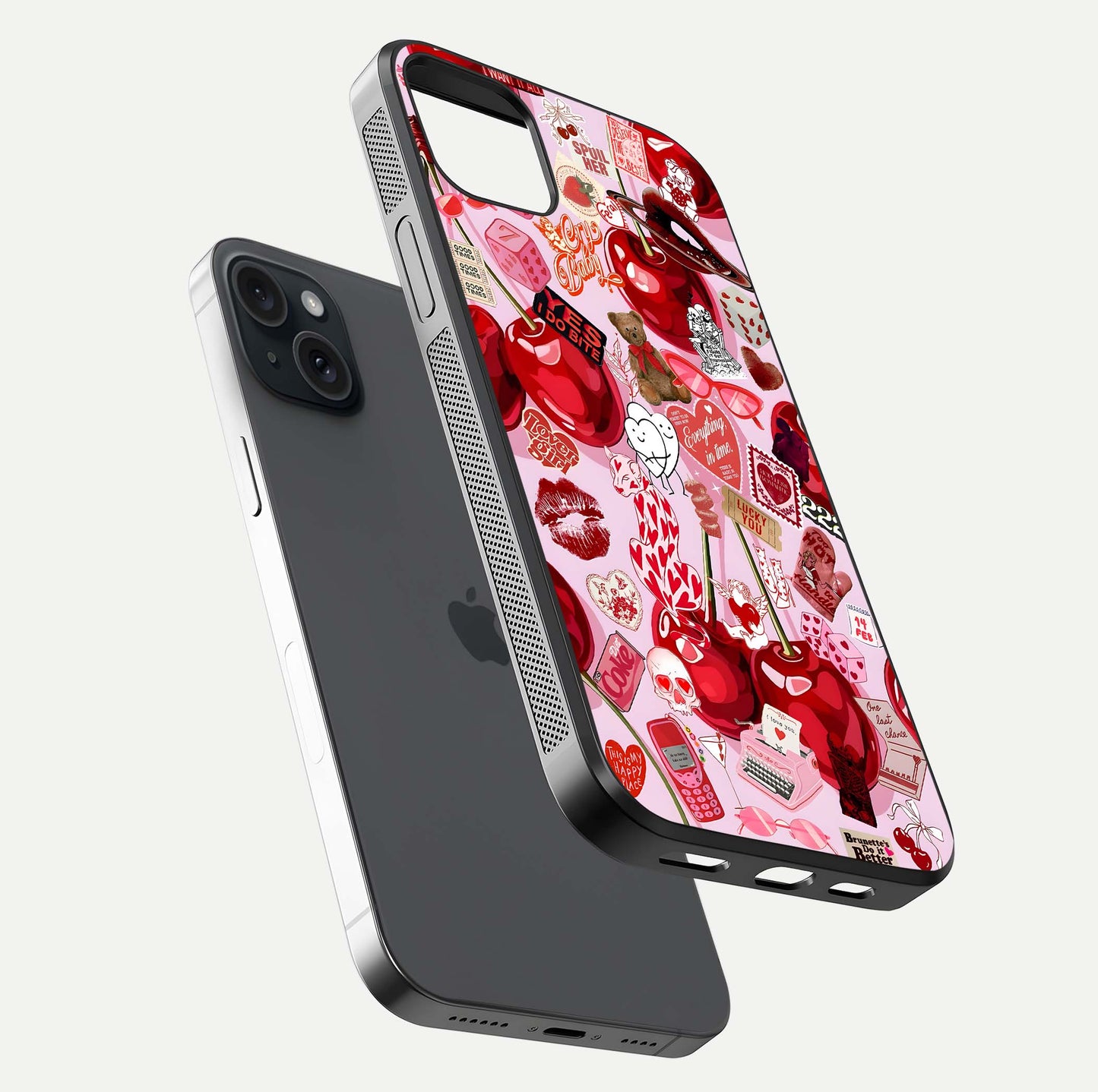 Sweet Cherry Chaos Glass Case for iPhone 15 Plus floating dual-view mockup displaying gloss surface and depth