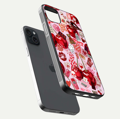 Sweet Cherry Chaos Glass Case for iPhone 15 Plus floating dual-view mockup displaying gloss surface and depth