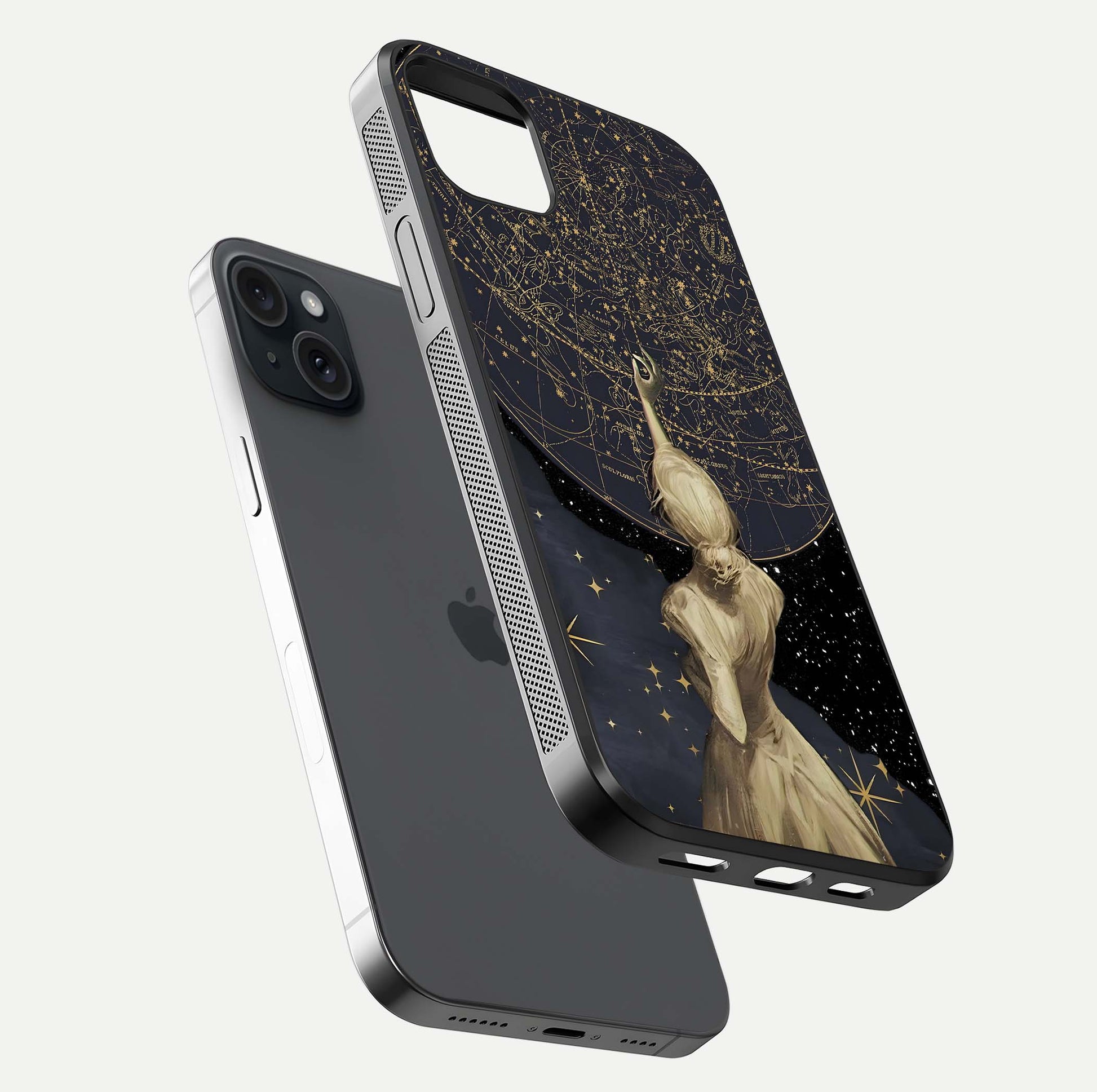 Taylor Swift Girl Glass Case for iPhone 15 Plus floating dual-view mockup displaying gloss and stylish artwork