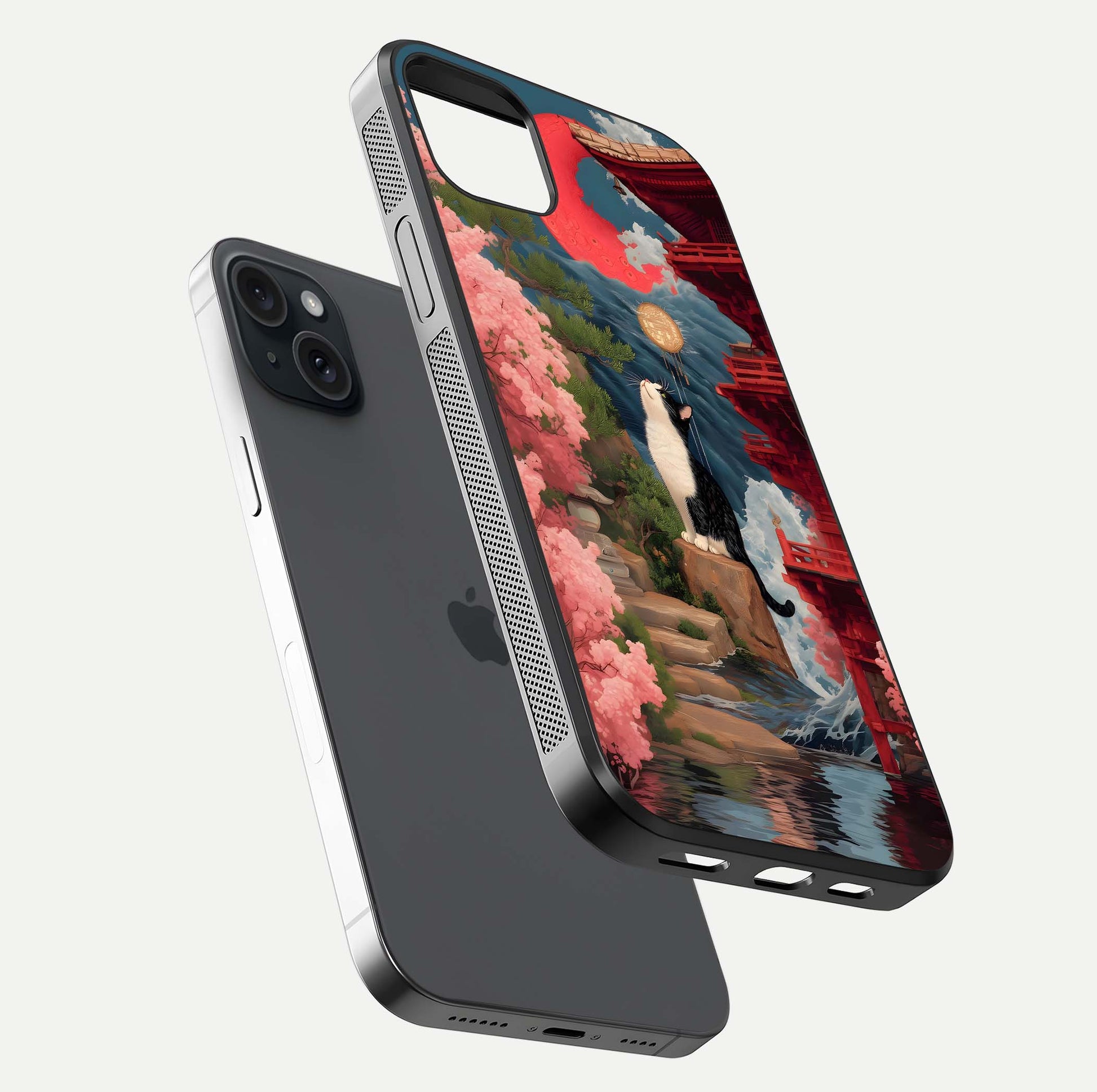 Temple Cat Scenery Glass Case for iPhone 15 Plus floating dual-view mockup displaying gloss and depth detail
