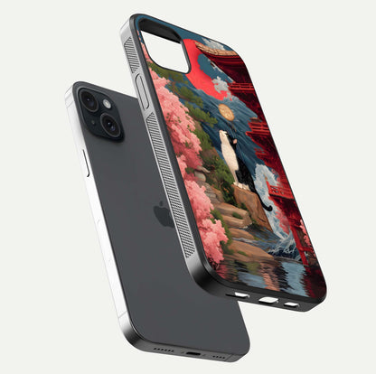 Temple Cat Scenery Glass Case for iPhone 15 Plus floating dual-view mockup displaying gloss and depth detail