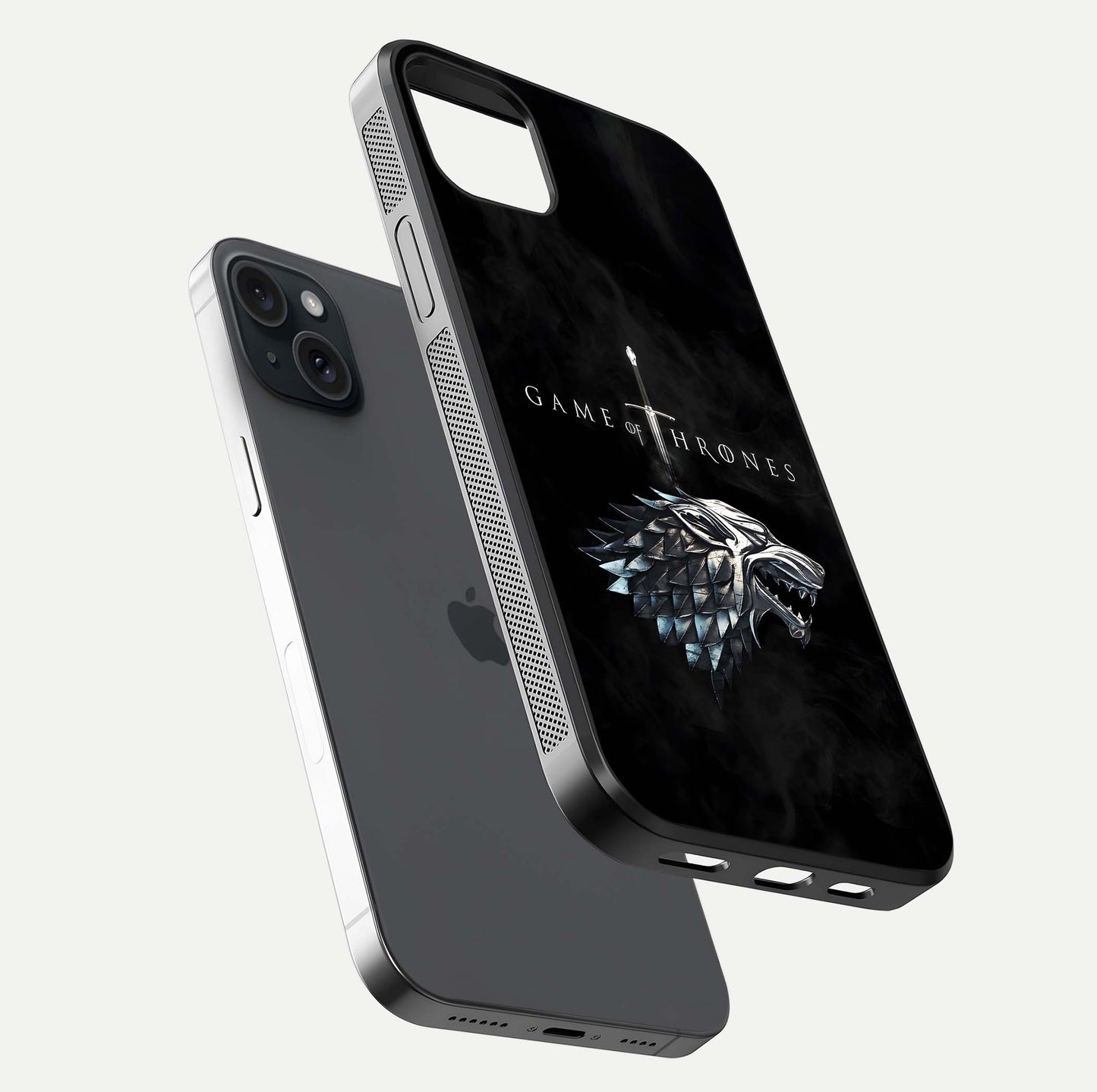 Throne Wolf Legacy Glass Case for iPhone 15 Plus floating dual-view mockup displaying gloss depth and wolf artwork