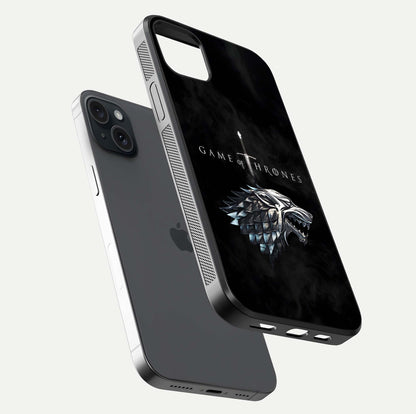 Throne Wolf Legacy Glass Case for iPhone 15 Plus floating dual-view mockup displaying gloss depth and wolf artwork