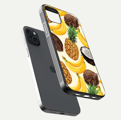 Tropical Fruit Mood Glass Case for iPhone 15 Plus floating dual-view mockup displaying gloss and vibrant colors