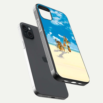 Tropical Fun Squad Glass Case for iPhone 15 Plus floating dual-view mockup displaying gloss reflection and contrast