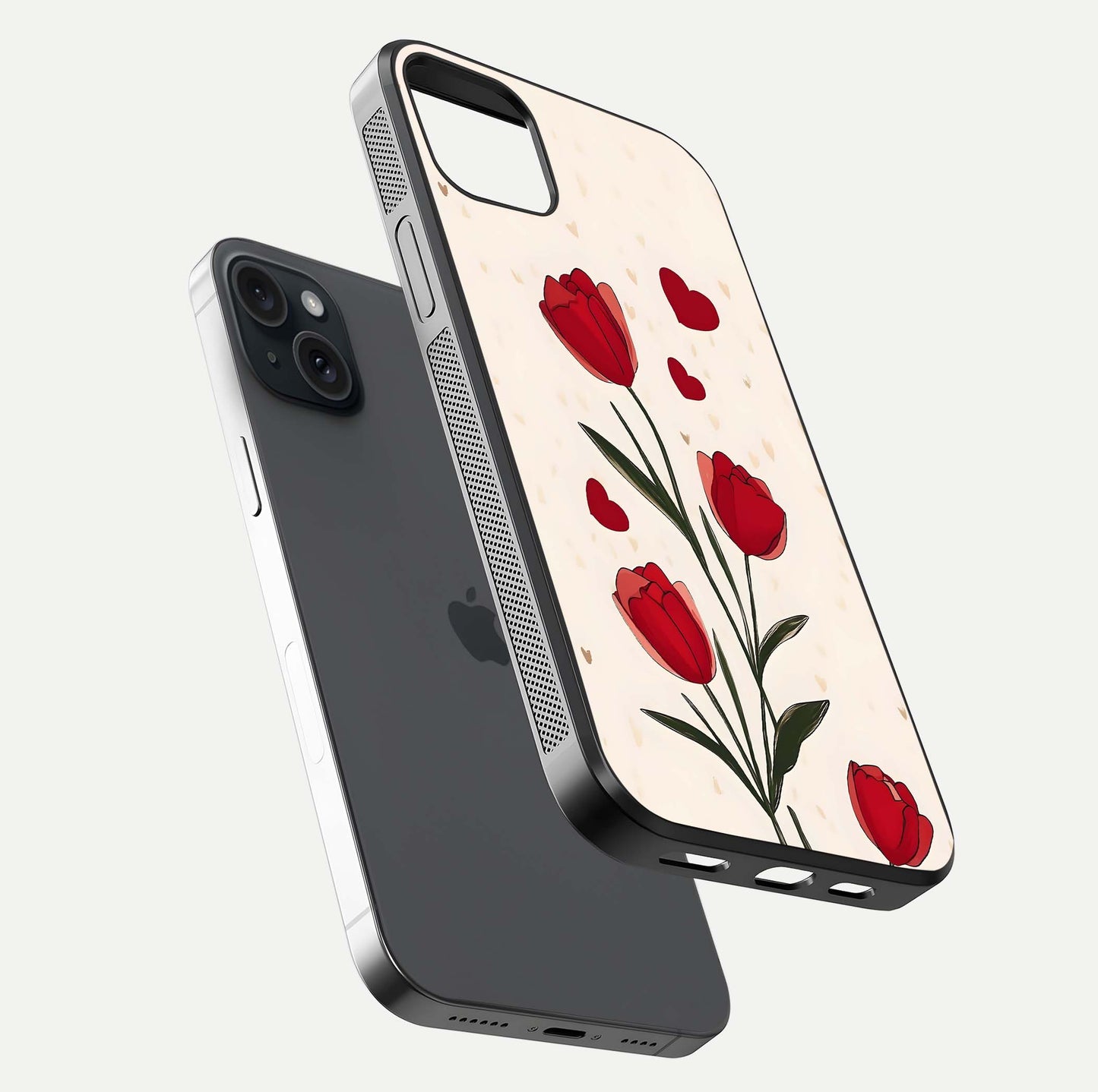 Tulip With Heart Glass Case for iPhone 15 Plus floating dual-view mockup displaying gloss texture and shine