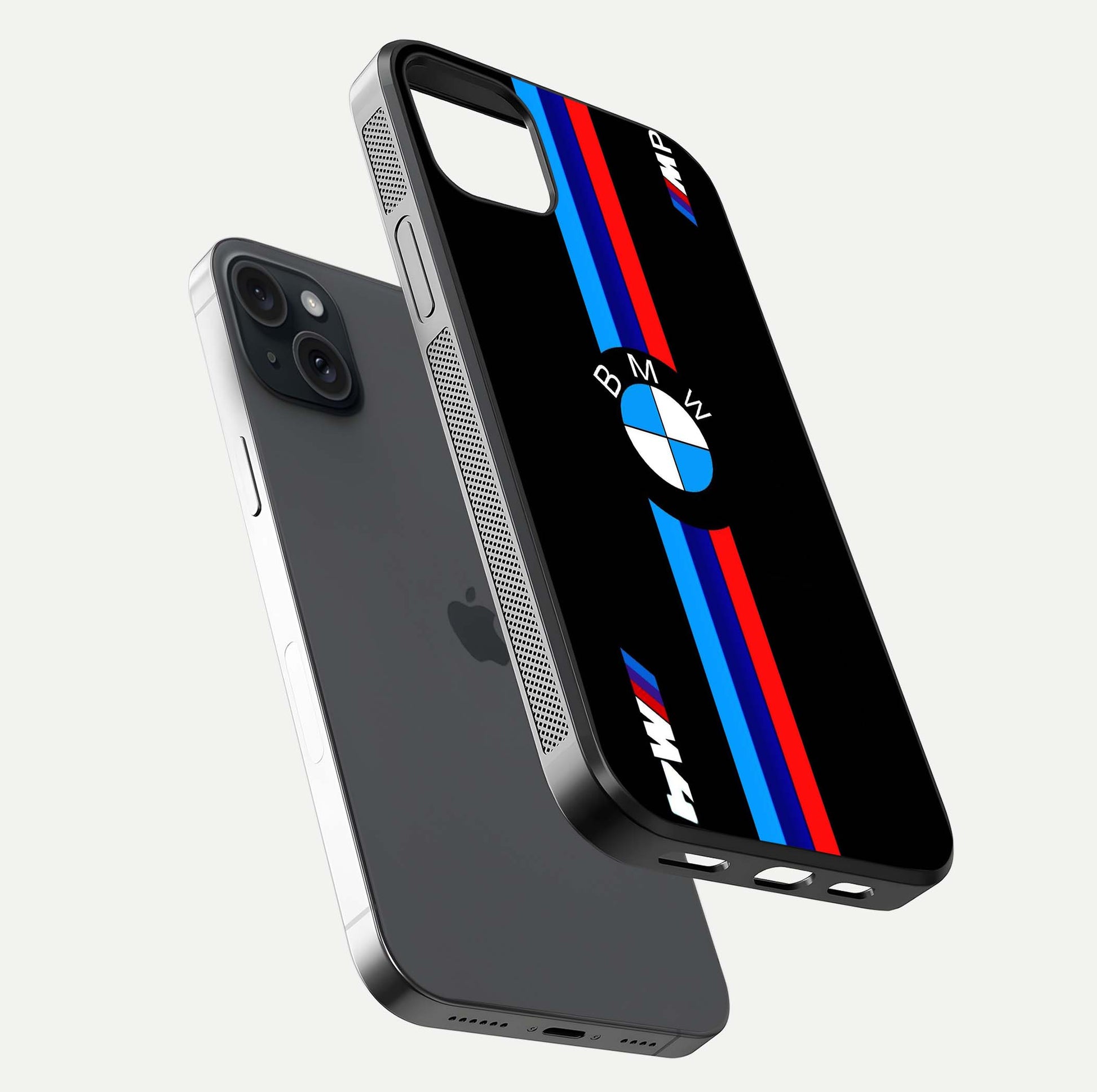 Turbo BMW Beast Glass Case for iPhone 15 Plus floating dual-view mockup displaying gloss texture and vivid print